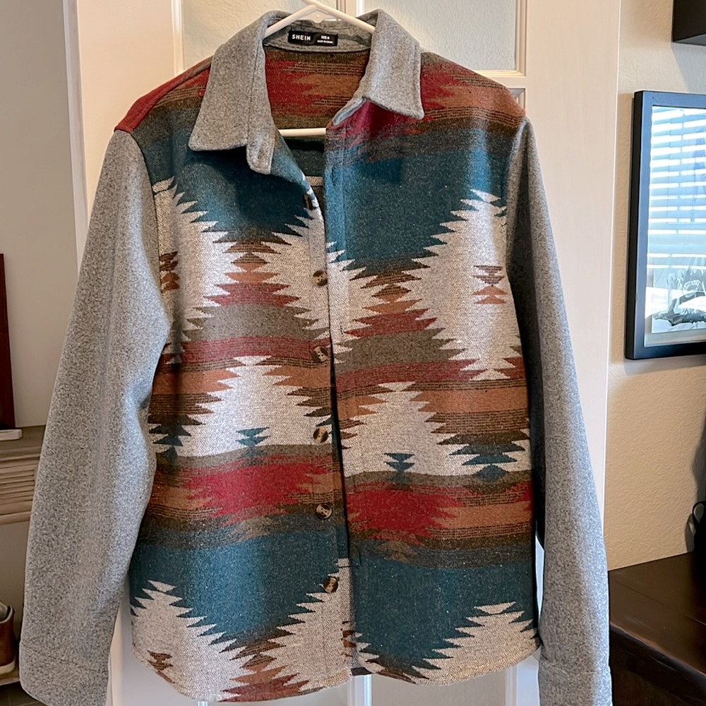SHEIN Teal, Gray & Red Aztec-Print Button Jacket